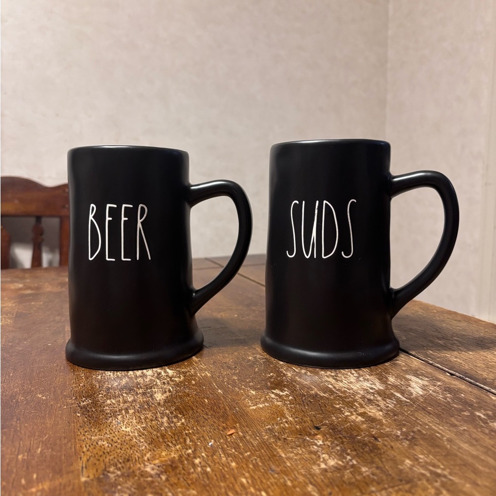 Rae Dunn BEER & SUDS Steins Mugs Black LL Farmhouse EUC